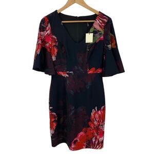 NWT Trina Turk Black Red Floral Float V Neck Ruffle Dress Trousdale Women Size 0